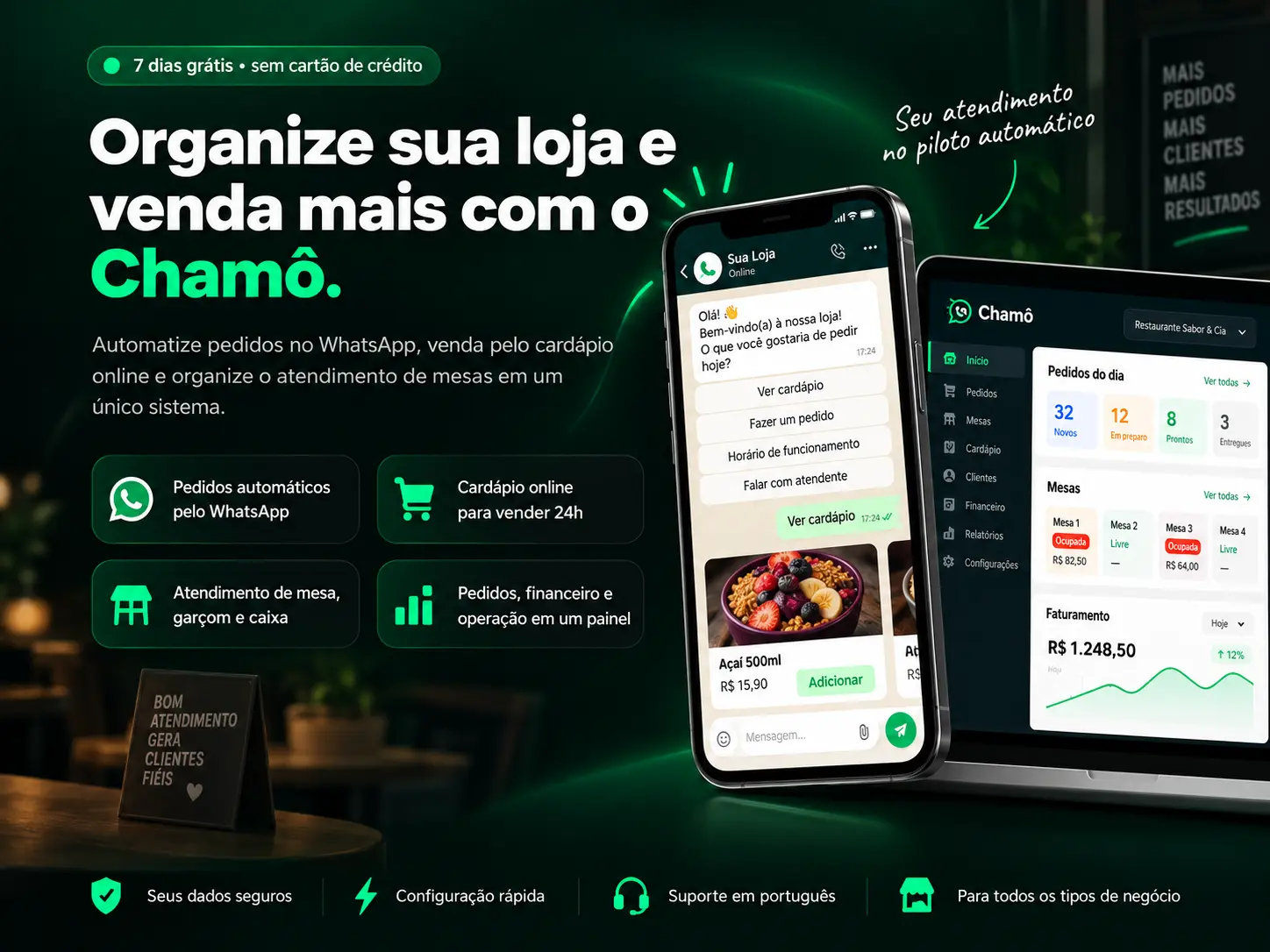 Chamô reunindo pedidos pelo WhatsApp, cardápio online, atendimento de mesa e painel de gestão