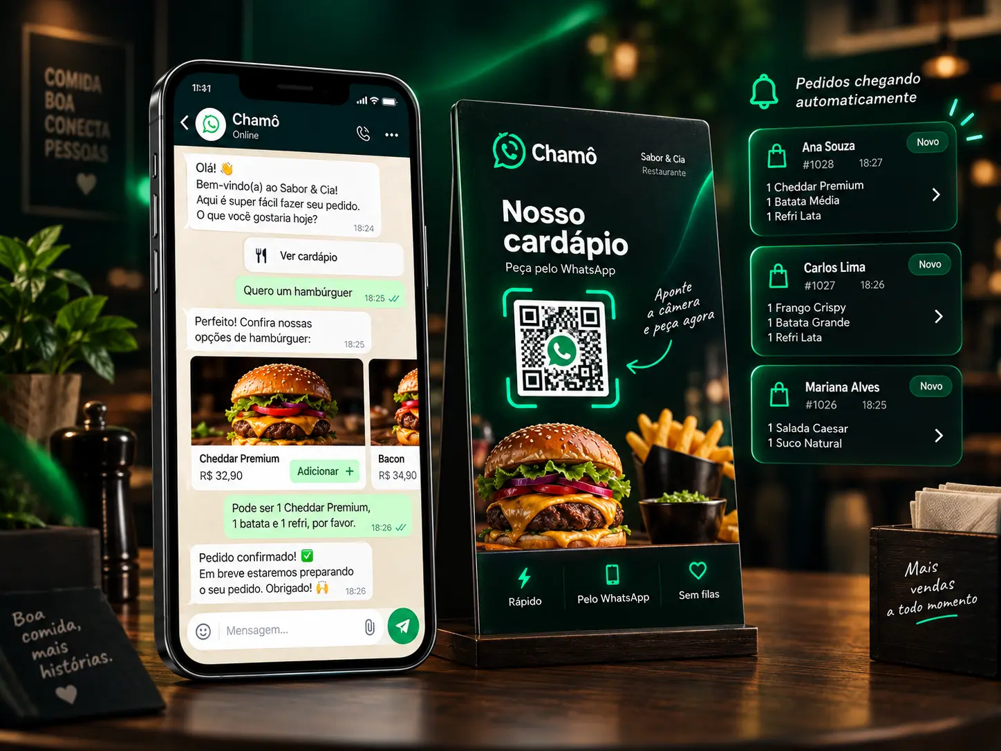 Pedidos chegando automaticamente pelo WhatsApp e cardápio digital do Chamô