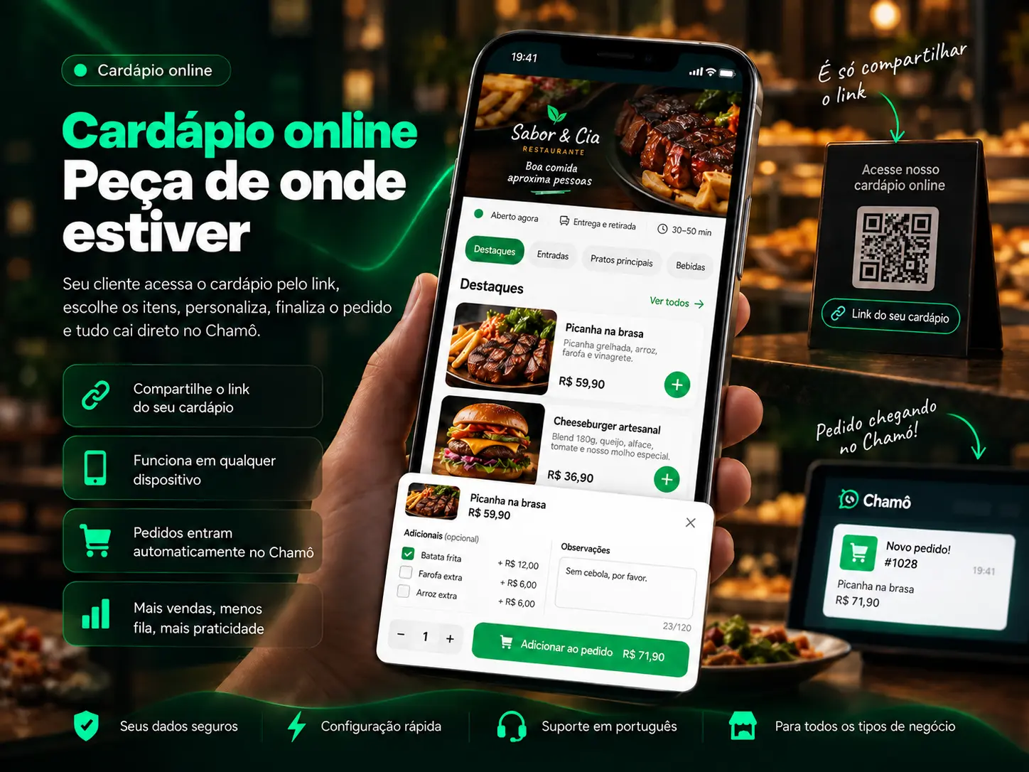 Cardápio online do Chamô com categorias, produtos, adicionais e finalização do pedido